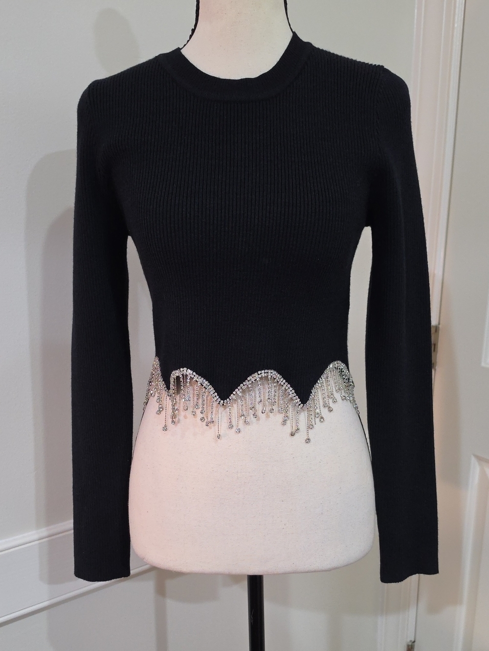 Apricot Black Rhinestone Crystal Fringe Cropped Ribbed Knit Sweater - Size 6